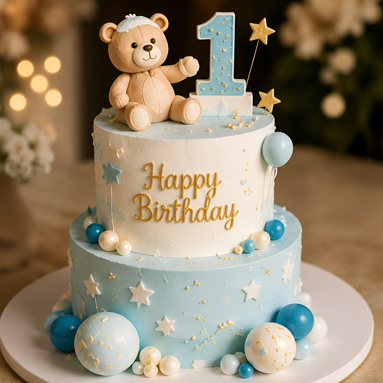 Blue Teddy Bear First Birthday Two Tier Cake  Baby Boy Birthday Cake