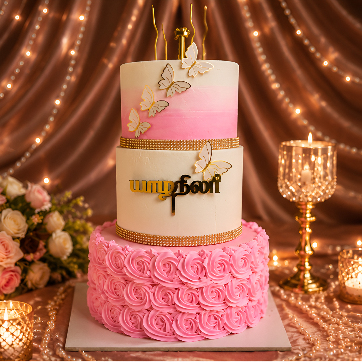 Elegant Pink Butterfly Two Tier Cake